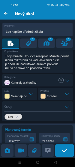 Nový úkol - vyplněné základní údaje Nový úkol - vyplněné základní údaje