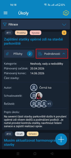 Podrobnosti úkolu v seznamu Podrobnosti úkolu v seznamu